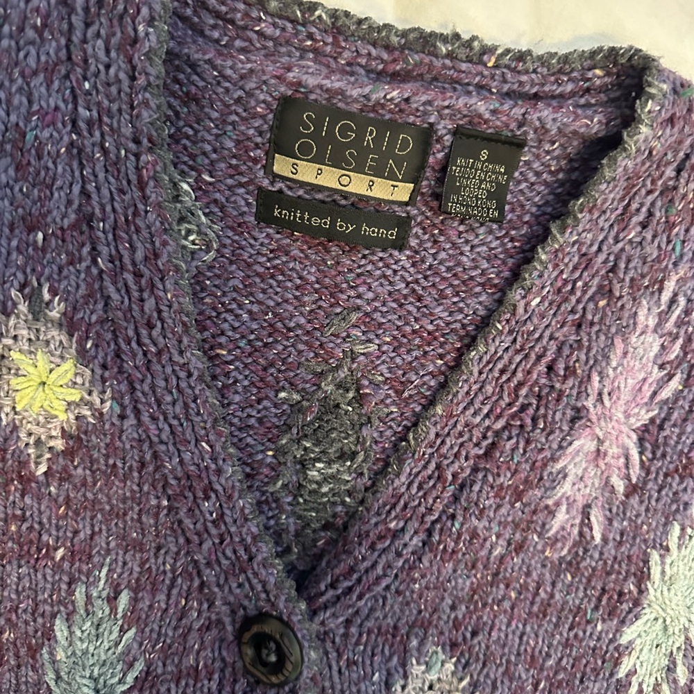 Sigrid Olsen Purple Knit V-Neck Button Front Cardigan with Multicolor Embroidery - Picture 5 of 8